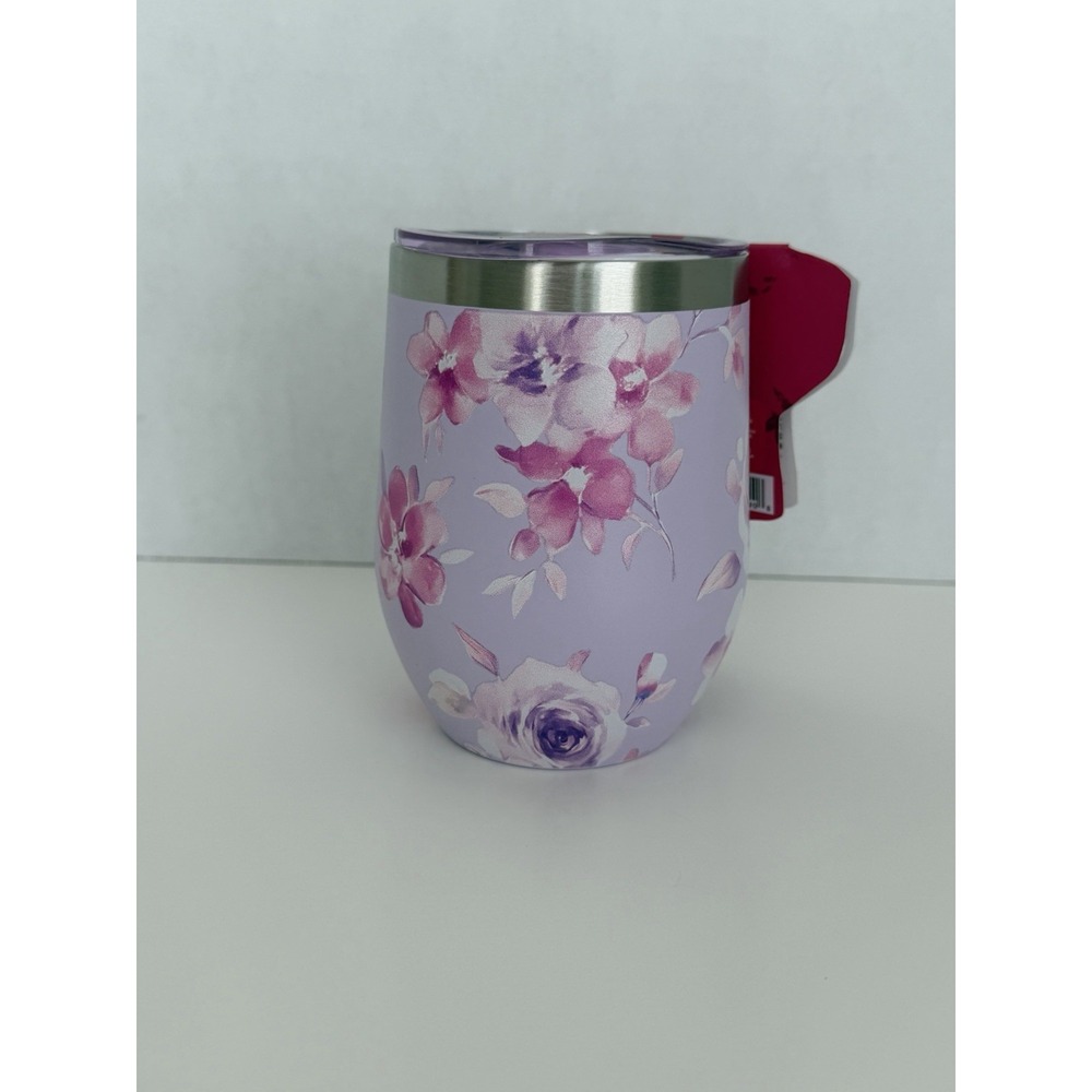 Hi Peach Layne Stainless Steel 12 oz Wine Tumbler w Nail File-Purple Floral